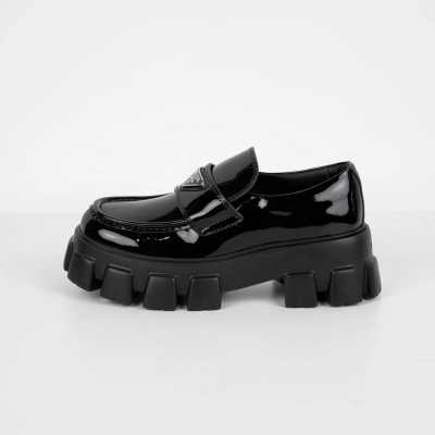 Prada Monolith Triangle Logo Leather Platform Loafers Black 01