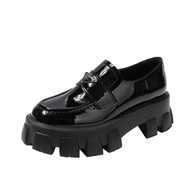 Prada Monolith Triangle Logo Leather Platform Loafers Black 02
