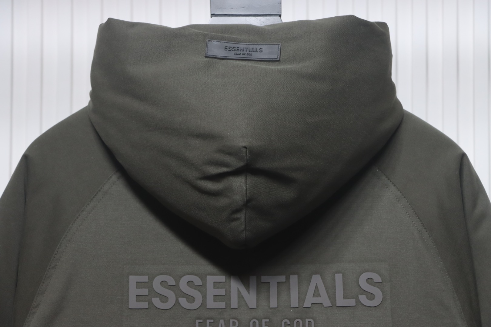 Fear of God Essentials Letter Print Hooded Synthetic Insulated Jacket Dark Green