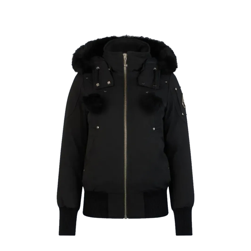 Moose Knuckles Logo Plaque Zip-Up Black Jacket Black Wool Collar