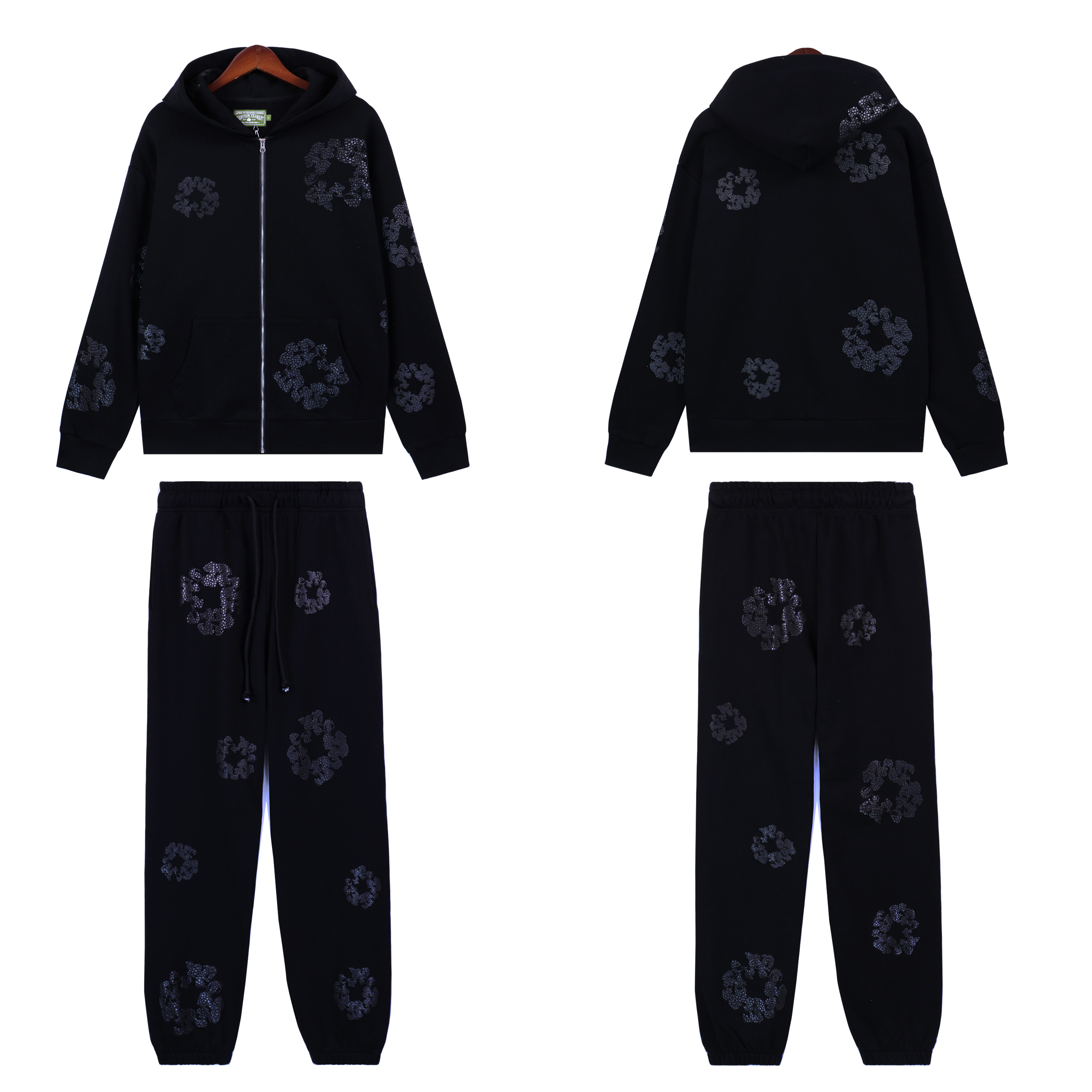 Denim Tears Cashmere Swarovski Cotton Wreath Zip Hoodie & Sweatpant Set #6030-8208 Pure Black