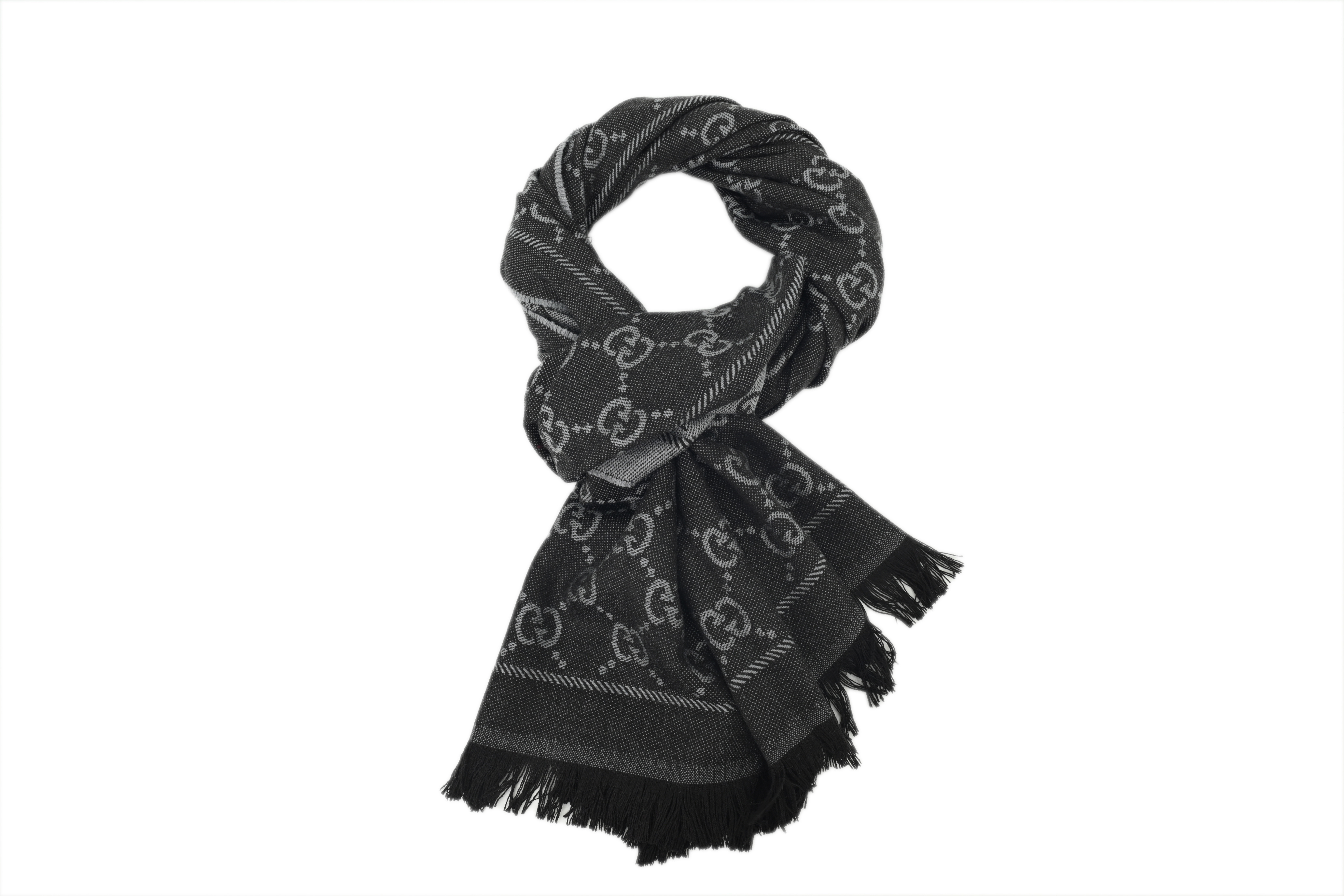 Gucci Double-Faced Jacquard Velvet Fringe All-Over Logo Print Scarf Black