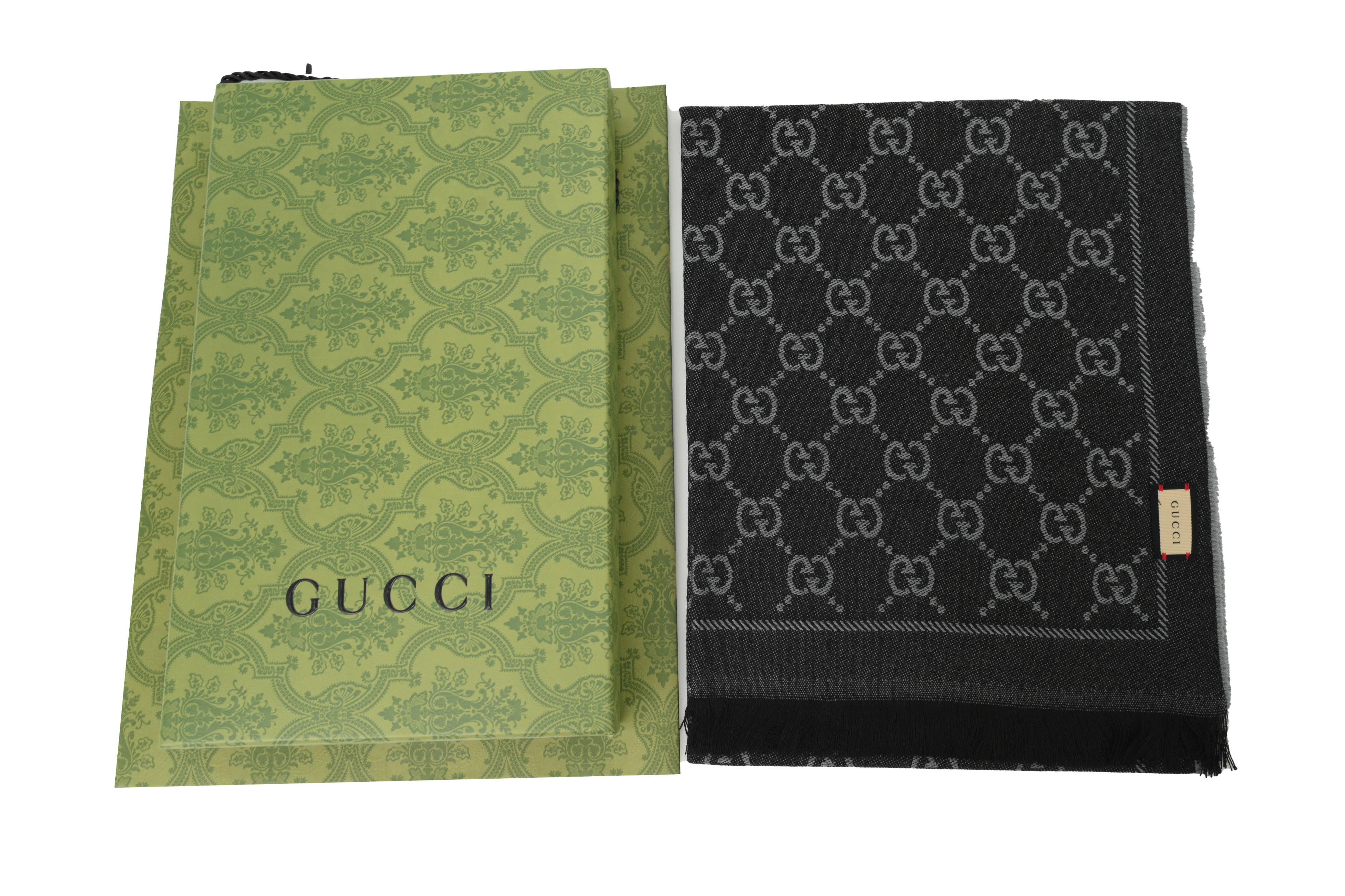 Gucci Double-Faced Jacquard Velvet Fringe All-Over Logo Print Scarf Black