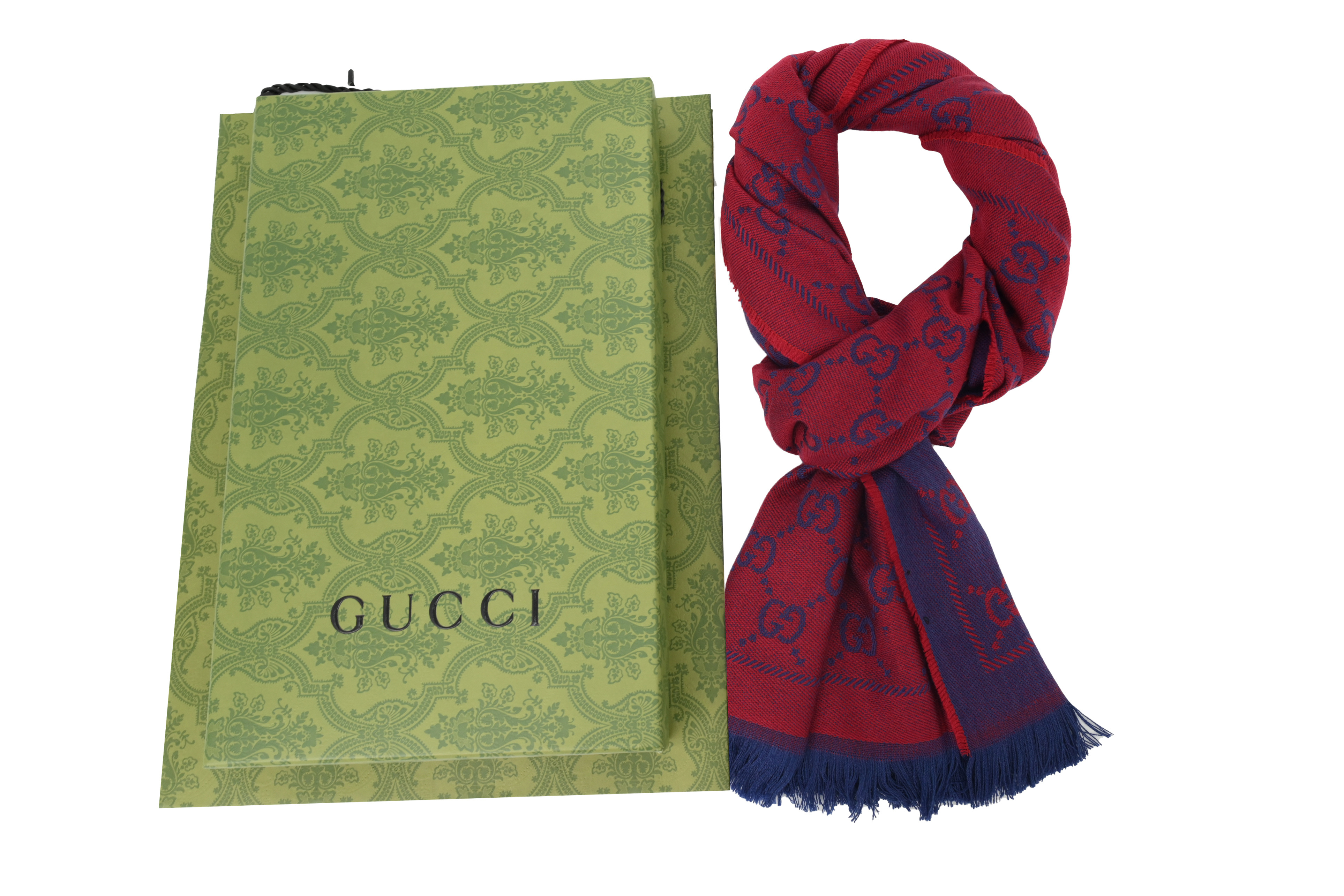 Gucci Double-Faced Jacquard Velvet Fringe All-Over Logo Print Scarf Red