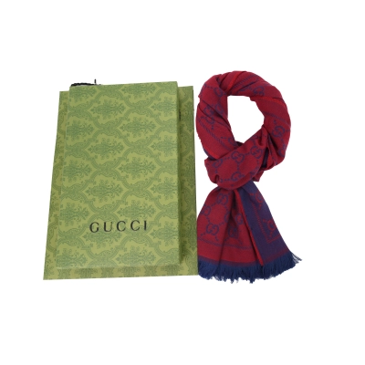 Gucci Double-Faced Jacquard Velvet Fringe All-Over Logo Print Scarf Red 01