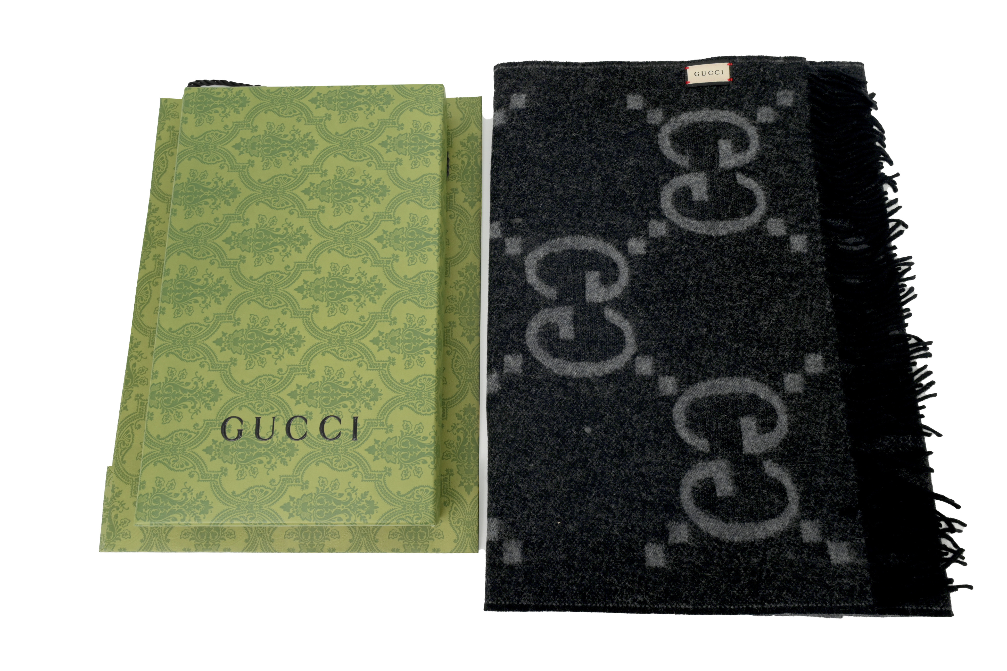Gucci Double-G Jacquard Velvet Fringe Scarf Black