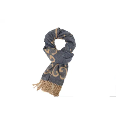 Gucci Double-G Jacquard Velvet Fringe Scarf Brown-Blue 01