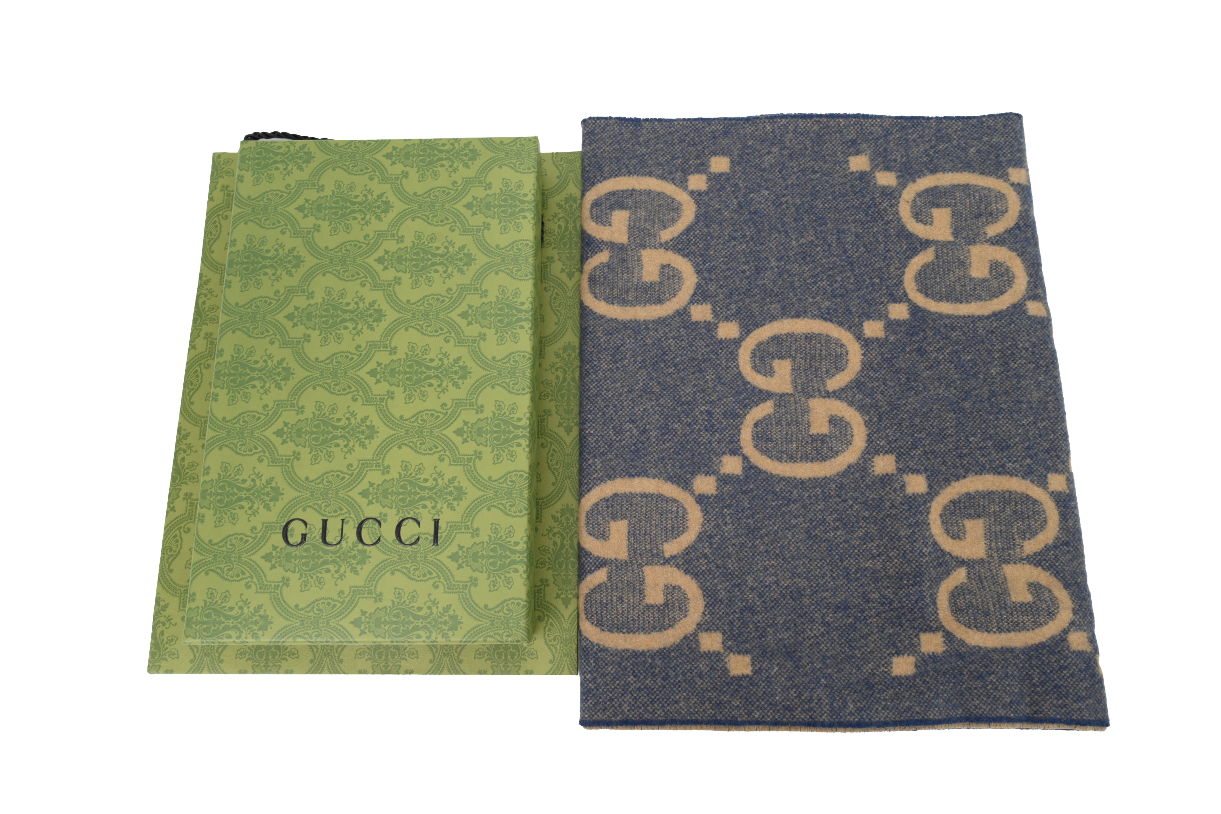 Gucci Double-G Jacquard Velvet Fringe Scarf Brown-Blue
