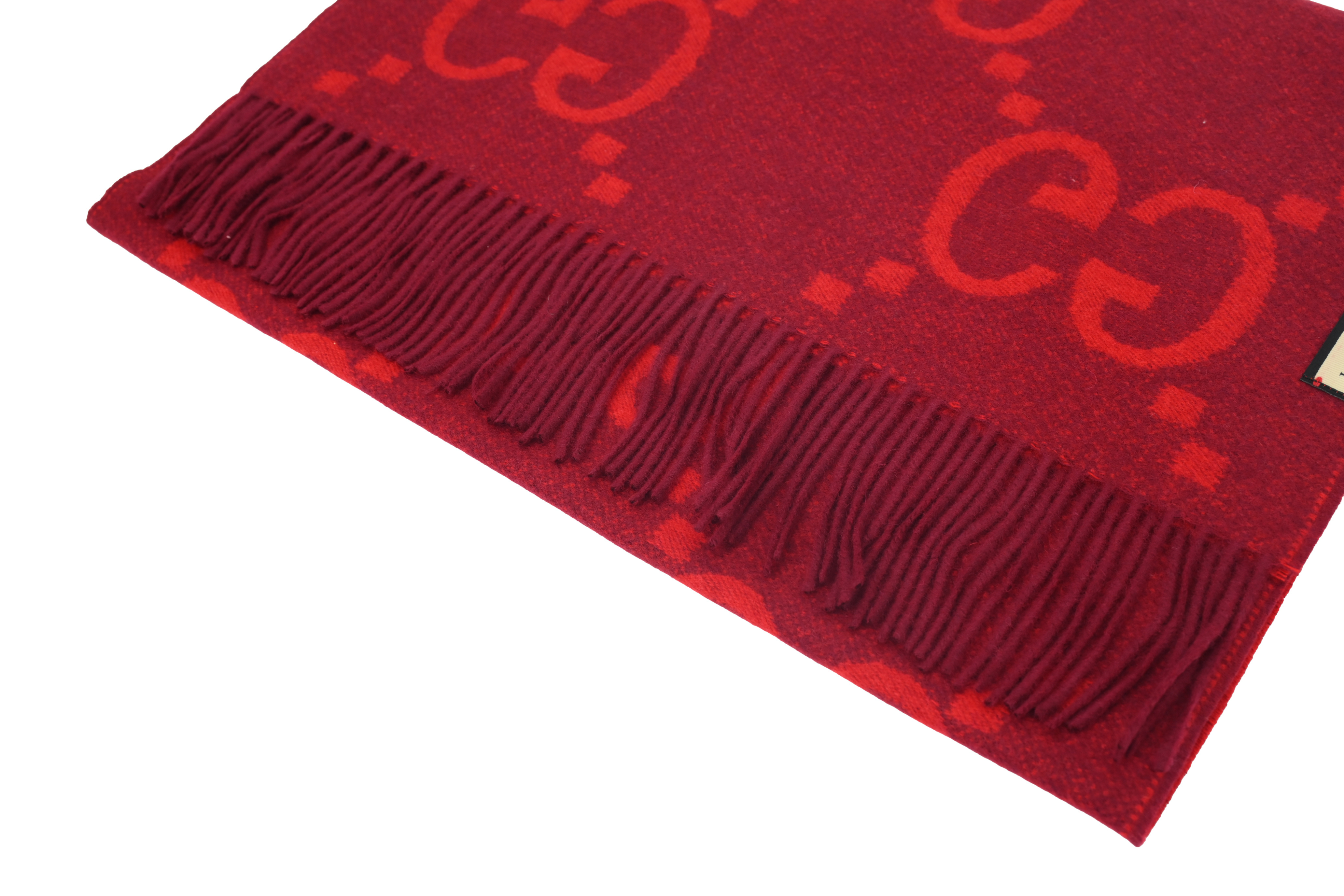 Gucci Double-G Jacquard Velvet Fringe Scarf Red