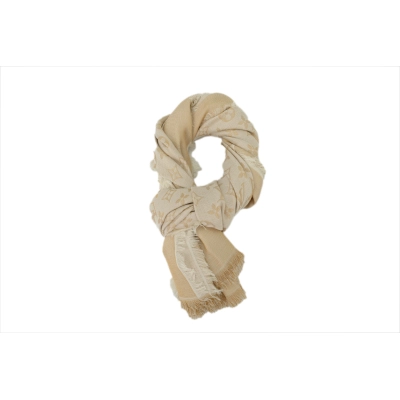 Louis Vuitton Double-Faced Jacquard Velvet Fringe All-Over Logo Print Scarf Apricot 01