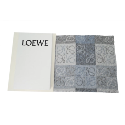 Loewe Checkerboard Jacquard Fringed Cashmere Scarf Blue 02