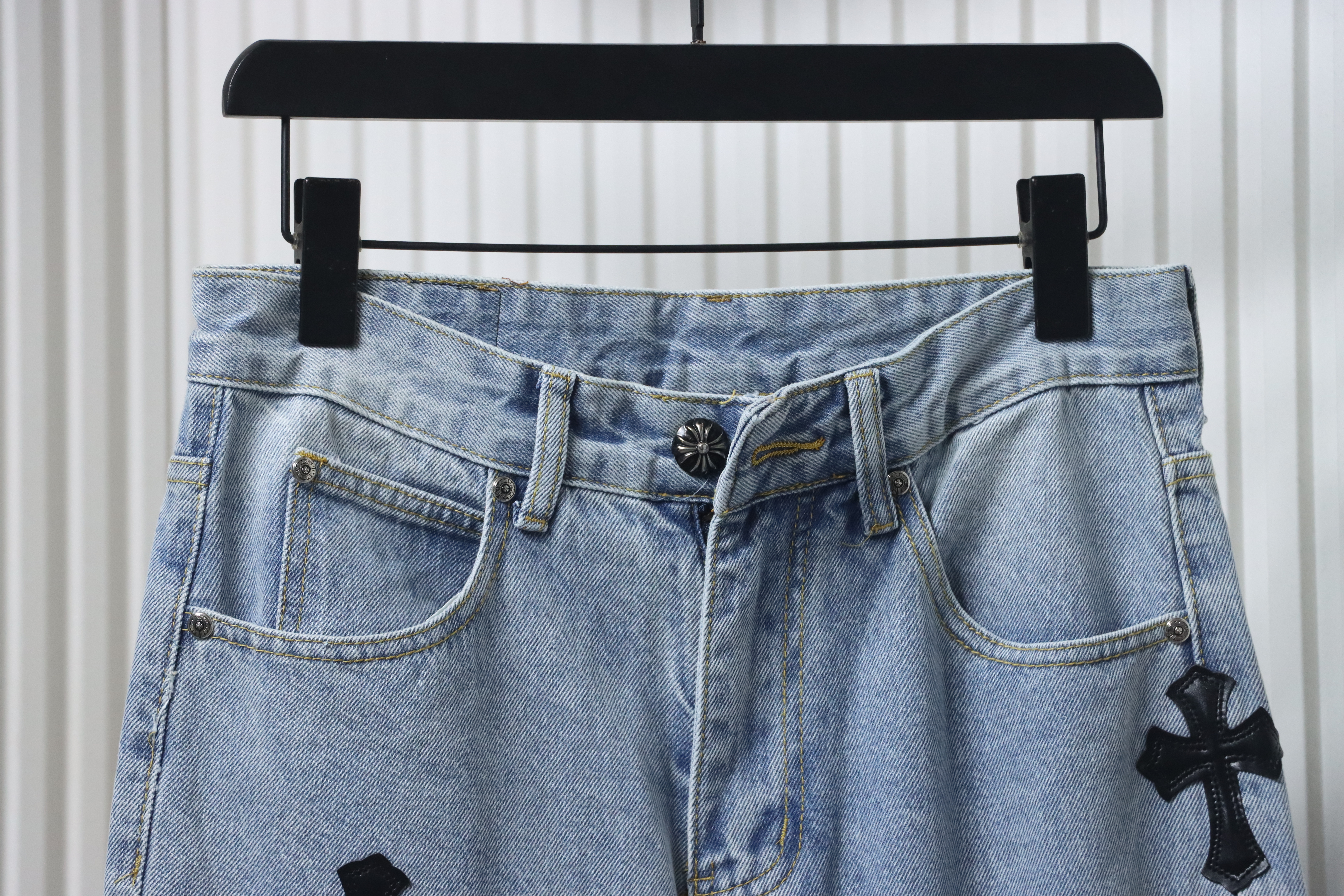 Chrome Hearts Black Cross Leather Patch Jeans