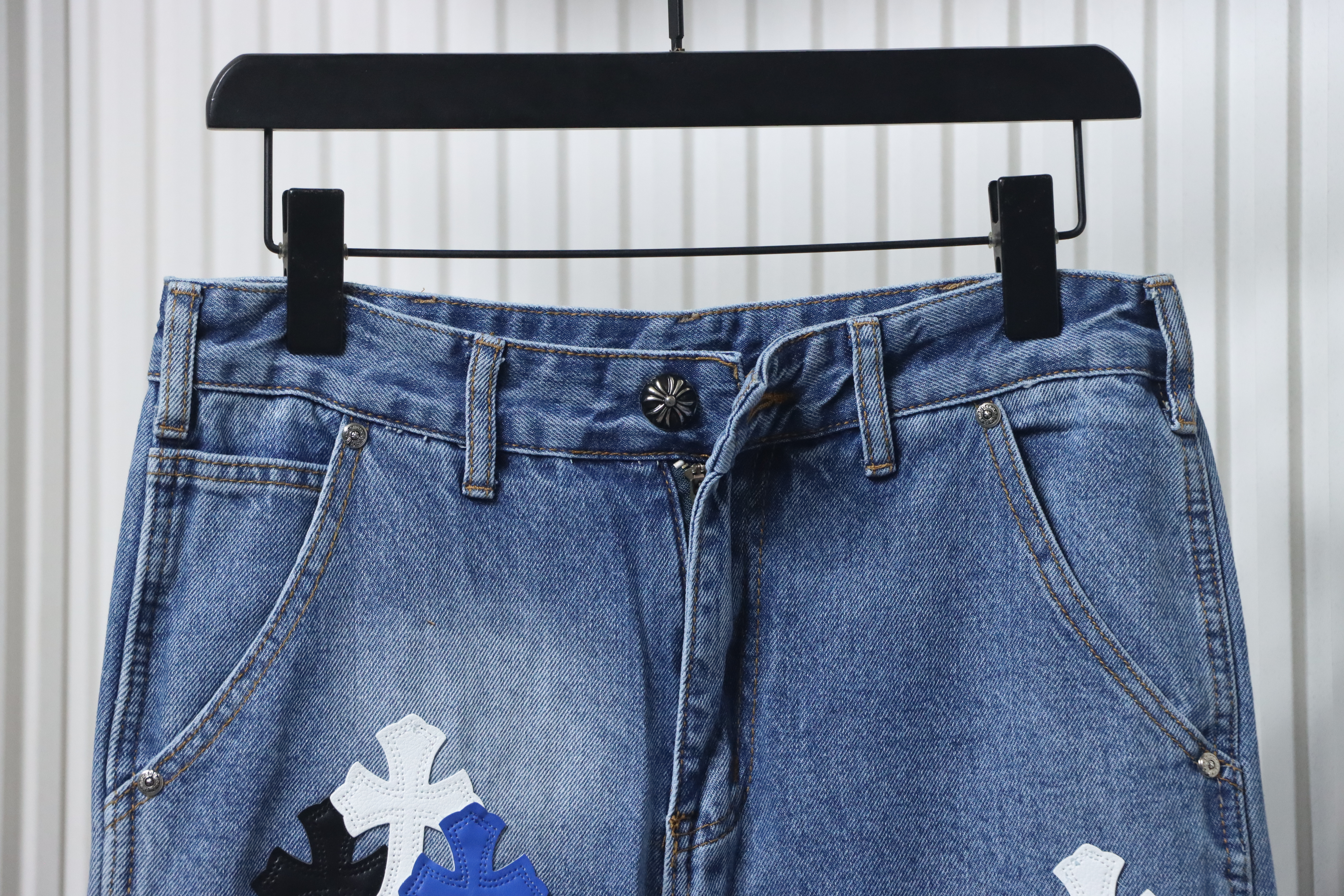 Chrome Hearts Fleur Knee Cross Patch Jeans Blue