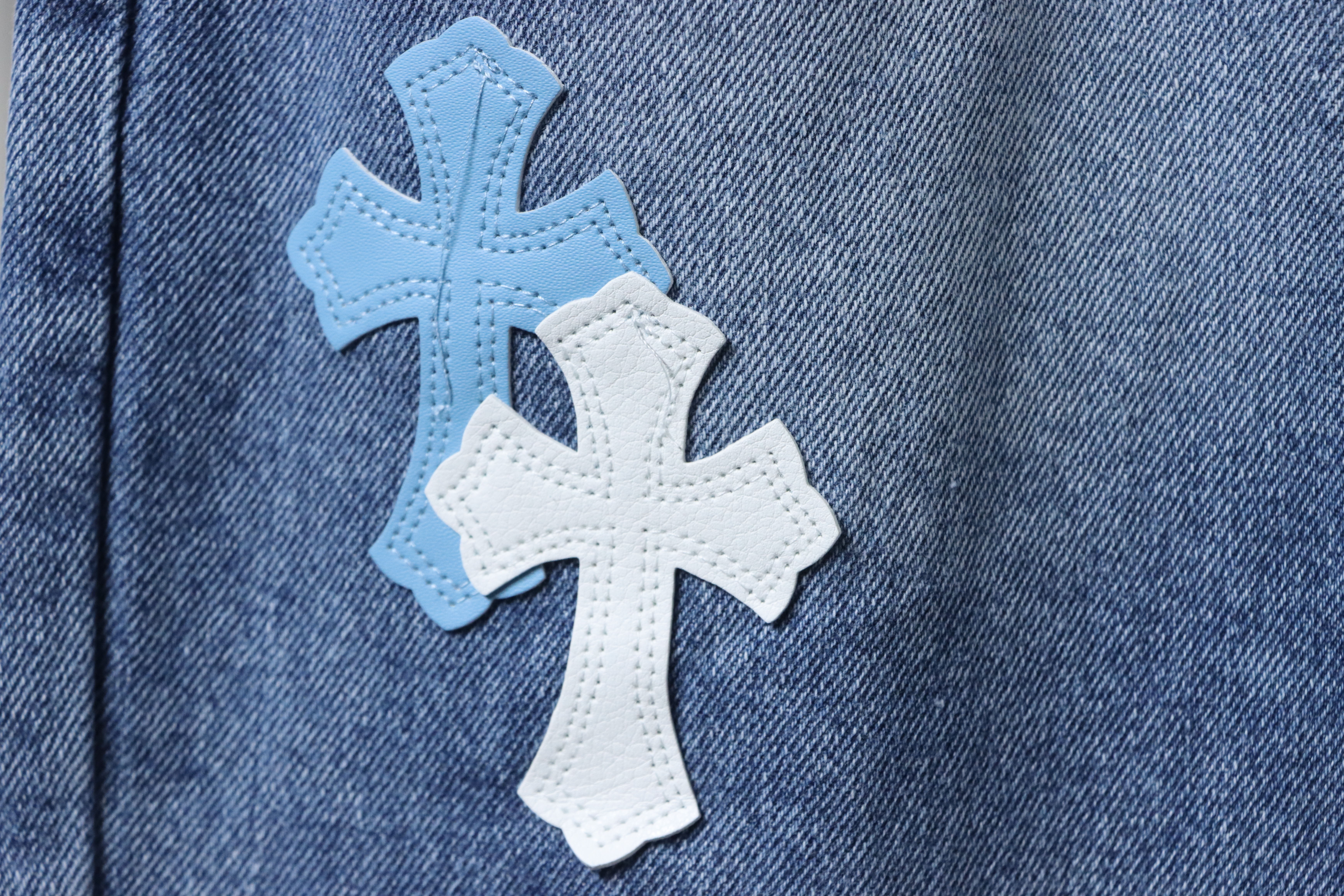 Chrome Hearts Miami Art Basel White Blue Cross Patch Jeans