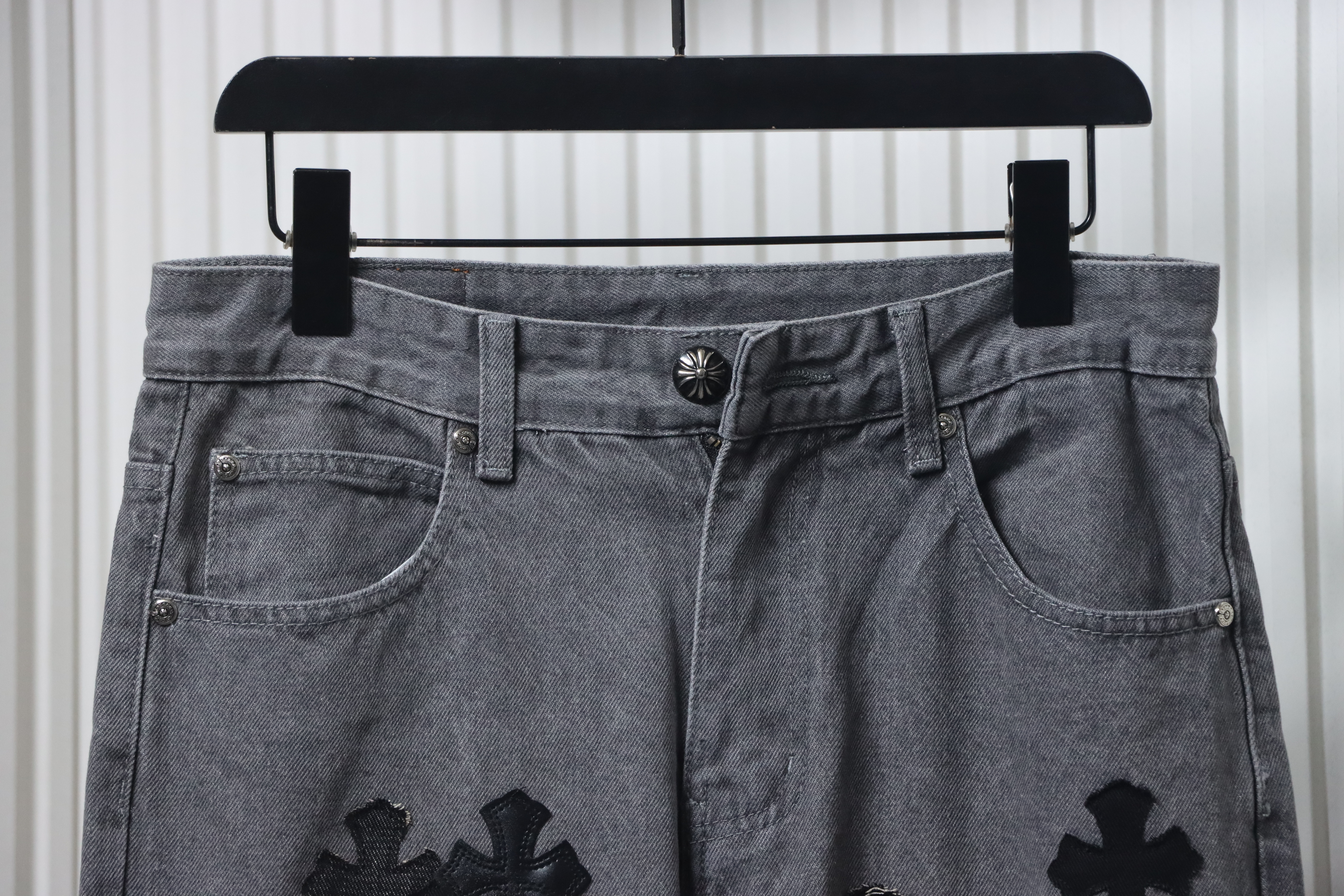 Chrome hearts X SexRecords Metal Cross Patch Jeans Distressed Gray