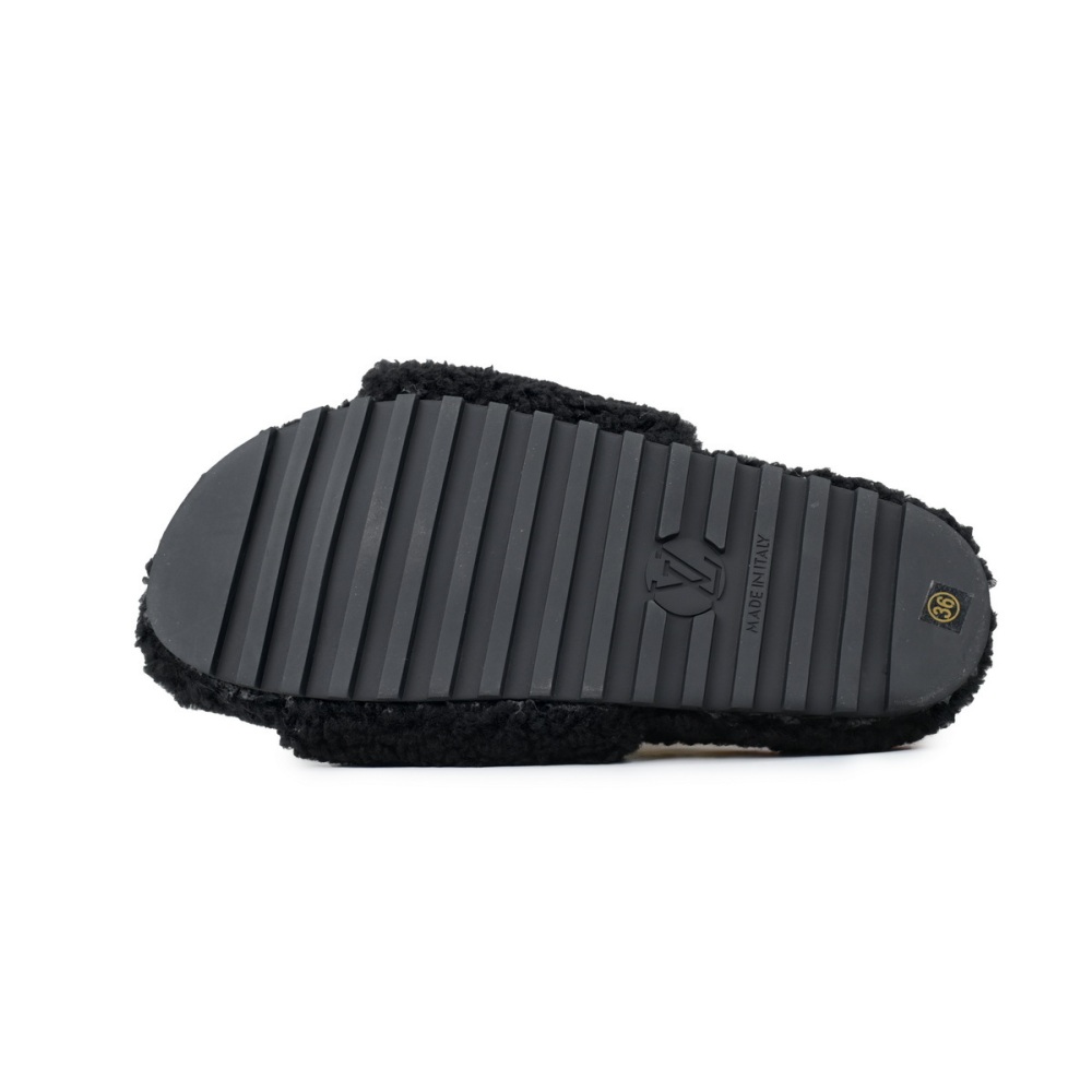 Louis Vuitton Bom Dia Shearling Flate Slippers Black