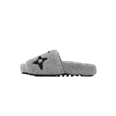 Louis Vuitton Bom Dia Shearling Flate Slippers Dark Gray 01