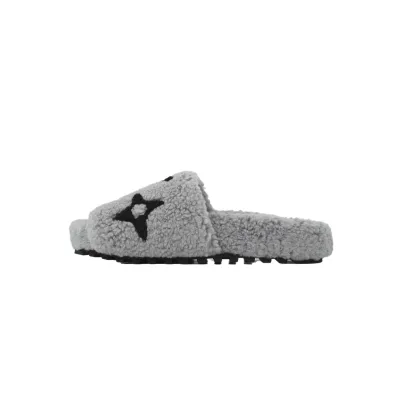 Louis Vuitton Bom Dia Shearling Flate Slippers Dark Gray 01