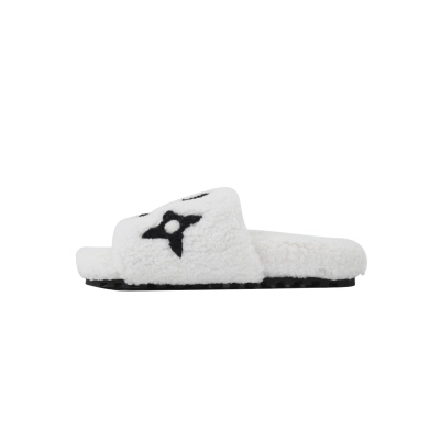 Louis Vuitton Bom Dia Shearling Flate Slippers White 01