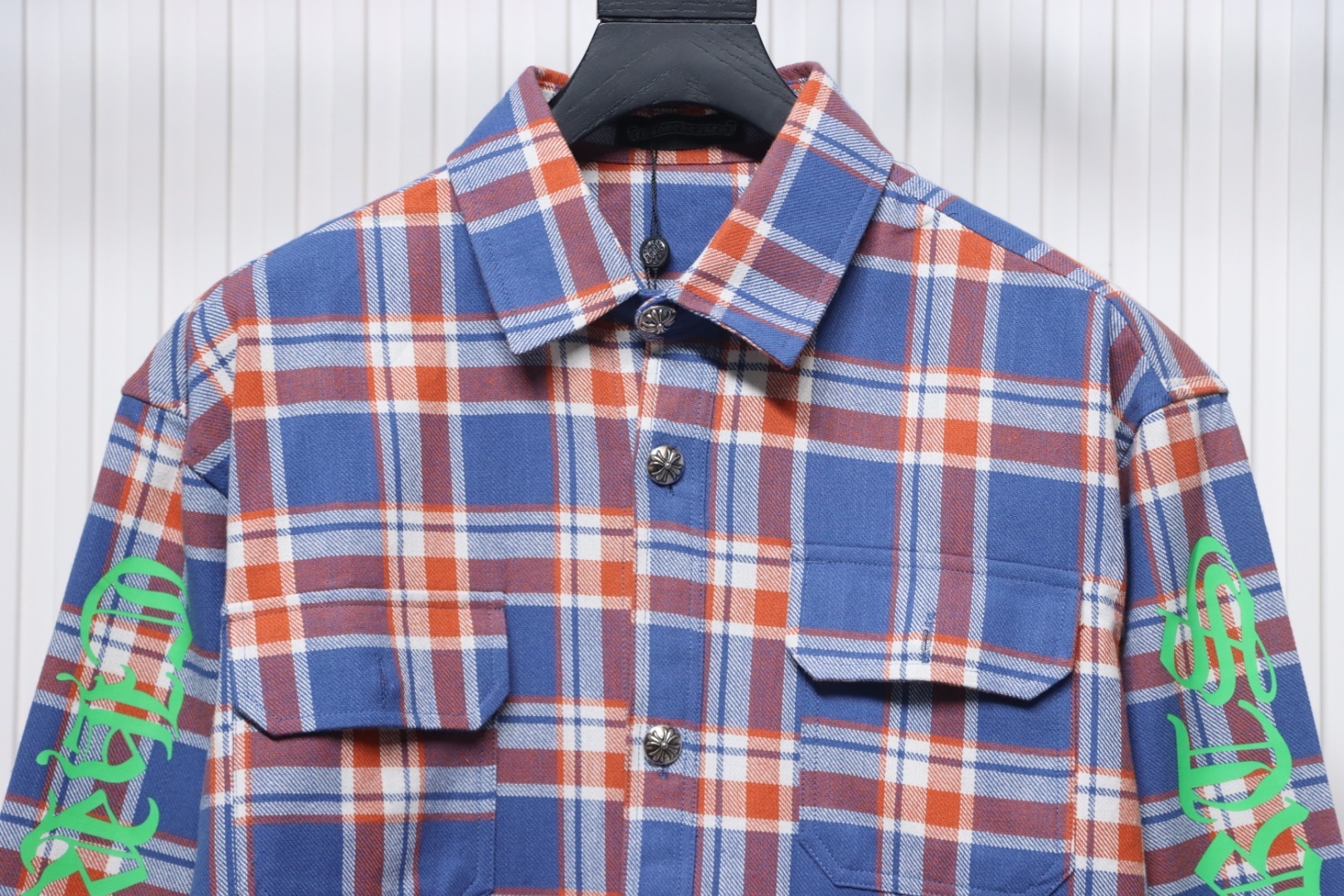 Chrome Hearts Blue & Red Plaid Sleeve Print Shirt 
