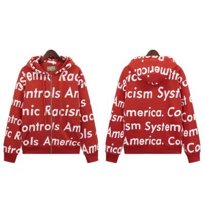 Denim Tears x Arthur Jafa Systemic Racism Controls America Zip Up Hoodie #6025 Red/Black/Blue/Gray 02