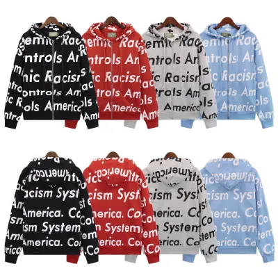 Denim Tears x Arthur Jafa Systemic Racism Controls America Zip Up Hoodie #6025 Red/Black/Blue/Gray 01