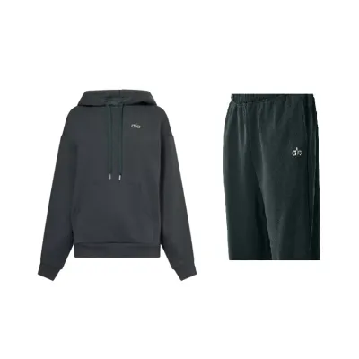 Alo Yoga Accolade Cotton Hoodie & Joggers Set Charcoal Green 01