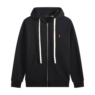 Ralph Lauren Polo Pony Zip-up Black Hoodie & Red Logo & White Drawstring 01