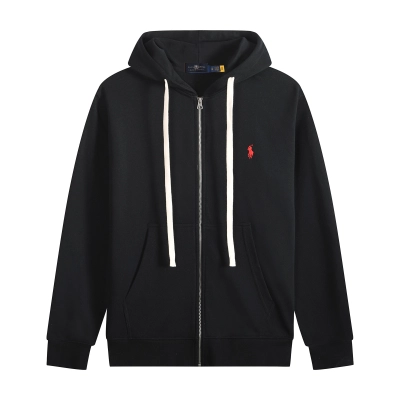 Ralph Lauren Polo Pony Zip-up Black Hoodie & Red Logo & White Drawstring 01