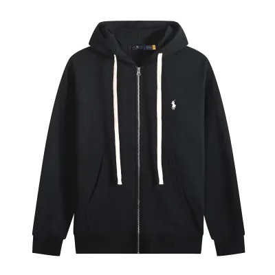 Ralph Lauren Polo Pony Zip-up Black Hoodie & White Logo & White Drawstring 01