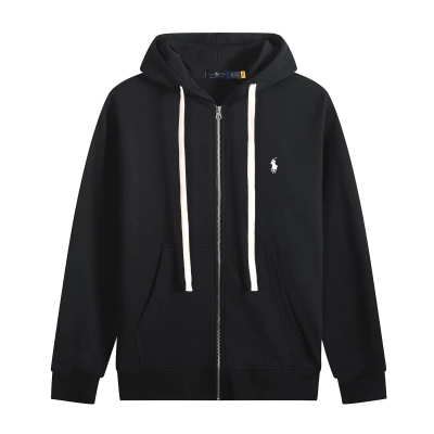 Ralph Lauren Polo Pony Zip-up Black Hoodie & White Logo & White Drawstring 01