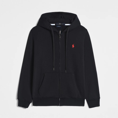 Ralph Lauren Polo Pony Zip-up Black Hoodie & Red Logo & Black Drawstring 01