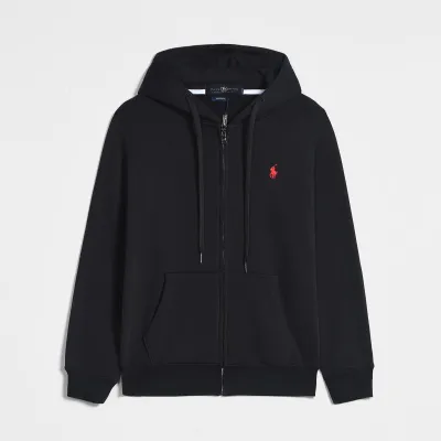 Ralph Lauren Polo Pony Zip-up Black Hoodie & Red Logo & Black Drawstring 01