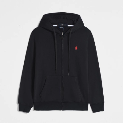 Ralph Lauren Polo Pony Zip-up Black Hoodie & Red Logo & Black Drawstring 01