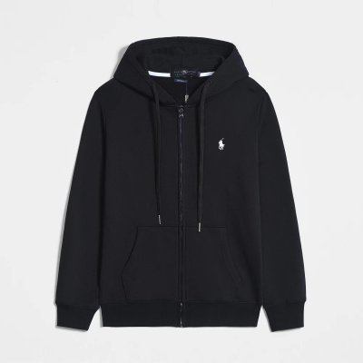 Ralph Lauren Polo Pony Zip-up Black Hoodie & White Logo & Black Drawstring 01