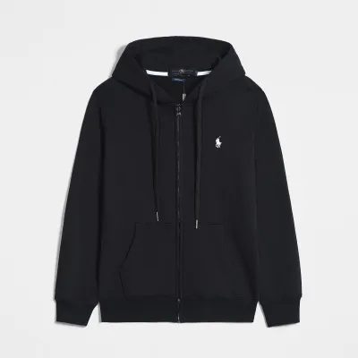 Ralph Lauren Polo Pony Zip-up Black Hoodie & White Logo & Black Drawstring 01