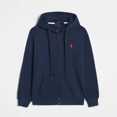 Ralph Lauren Polo Pony Zip-up Navy Hoodie & Red Logo & Navy Drawstring 01