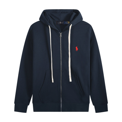 Ralph Lauren Polo Pony Zip-up Navy Hoodie & Red Logo & White Drawstring 01