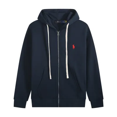 Ralph Lauren Polo Pony Zip-up Navy Hoodie & Red Logo & White Drawstring 01