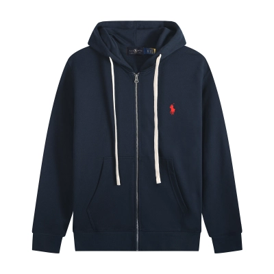 Ralph Lauren Polo Pony Zip-up Navy Hoodie & Red Logo & White Drawstring 01