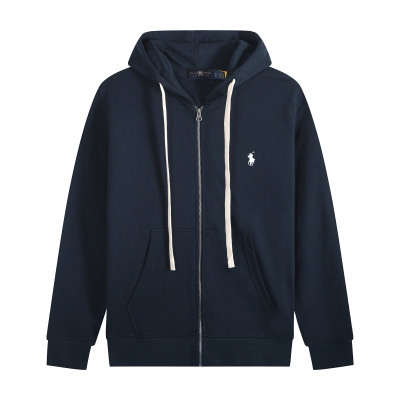 Ralph Lauren Polo Pony Zip-up Navy Hoodie & White Logo & White Drawstring 01
