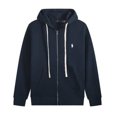 Ralph Lauren Polo Pony Zip-up Navy Hoodie & White Logo & White Drawstring 01
