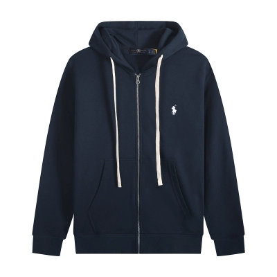 Ralph Lauren Polo Pony Zip-up Navy Hoodie & White Logo & White Drawstring 01