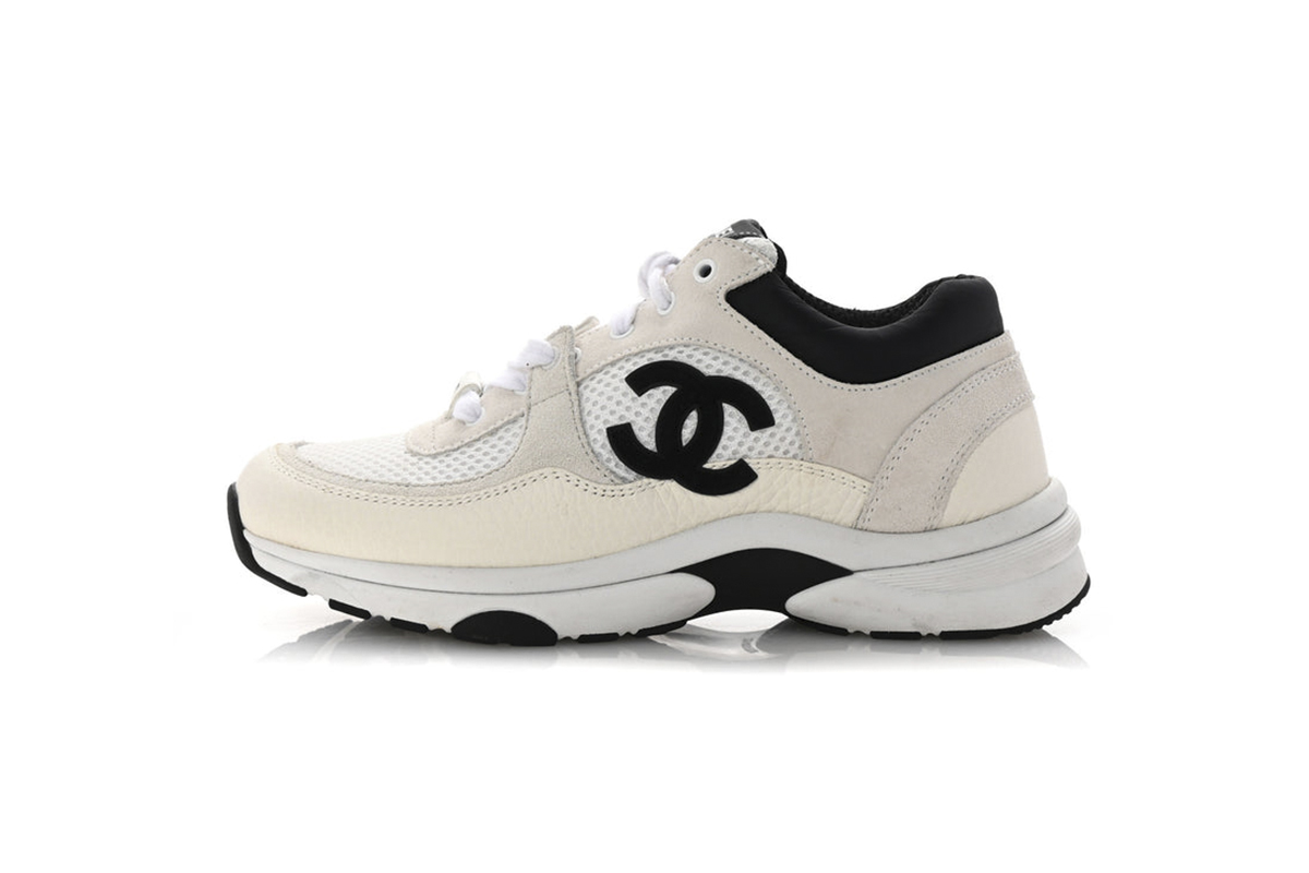 Chanel Mesh Suede Calfskin Grained Womens CC Sneakers White Black