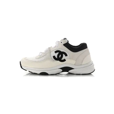 Chanel Mesh Suede Calfskin Grained Womens CC Sneakers White Black 01