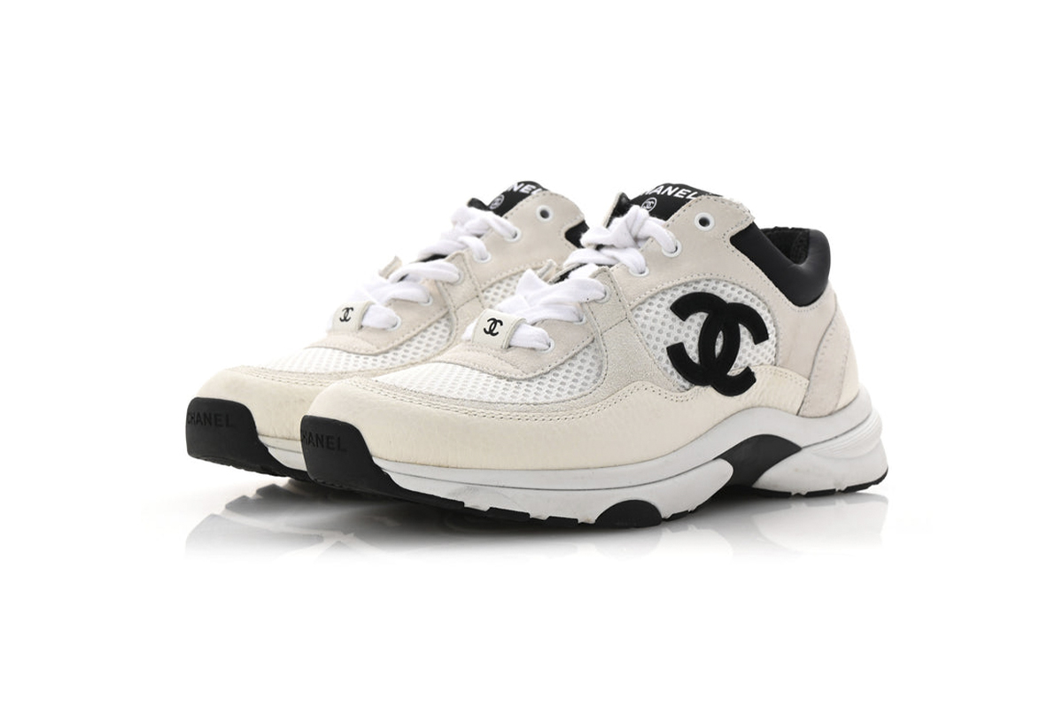 Chanel Mesh Suede Calfskin Grained Womens CC Sneakers White Black
