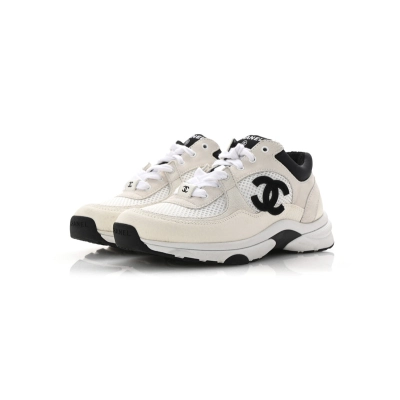 Chanel Mesh Suede Calfskin Grained Womens CC Sneakers White Black 02