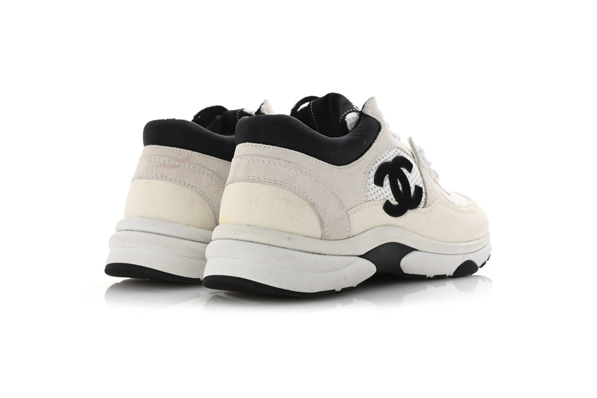 Chanel Mesh Suede Calfskin Grained Womens CC Sneakers White Black
