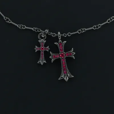 Chrome Hearts Rose Red Diamond Cross Pendant Black Necklace 02