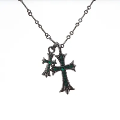 Chrome Hearts Black Green Diamond Cross Pendant Necklace 01